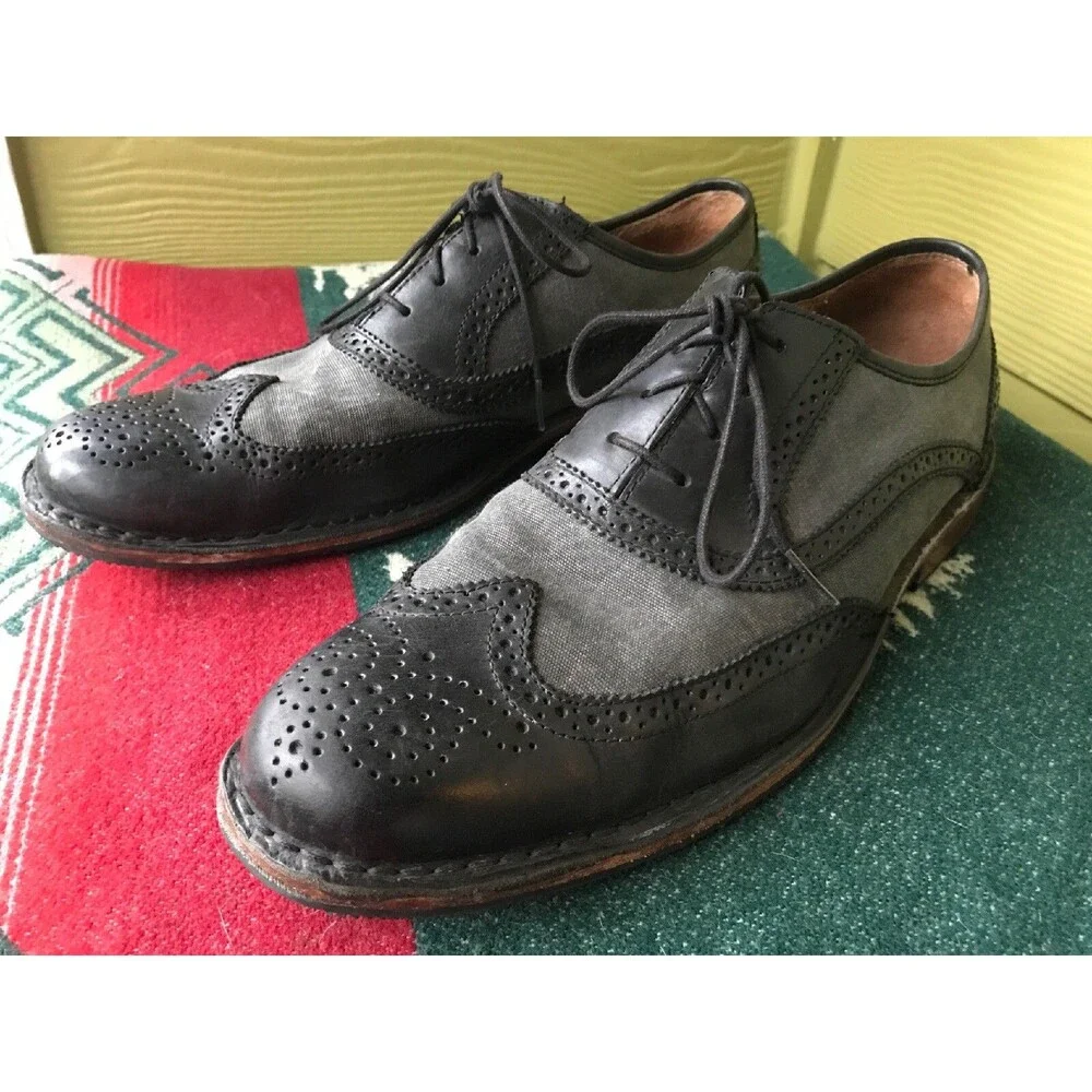 Sebago Black Gray Wing Tip Dress Shoes Canvas Leather 11.5 M
